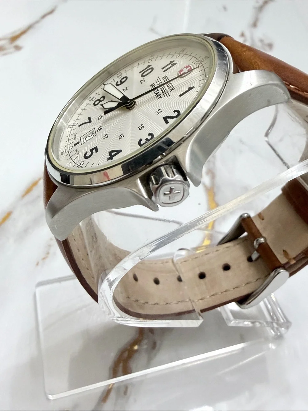 Vintage Wenger Swiss Military Mens Watch 44mm Stainless Steel Brwn Leather Band